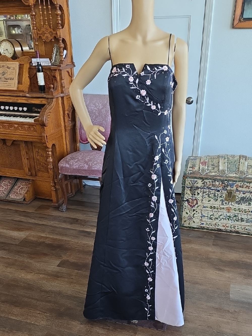 Fiesta Black Strapless Satin Gown with Pink Floral Beaded Accents
